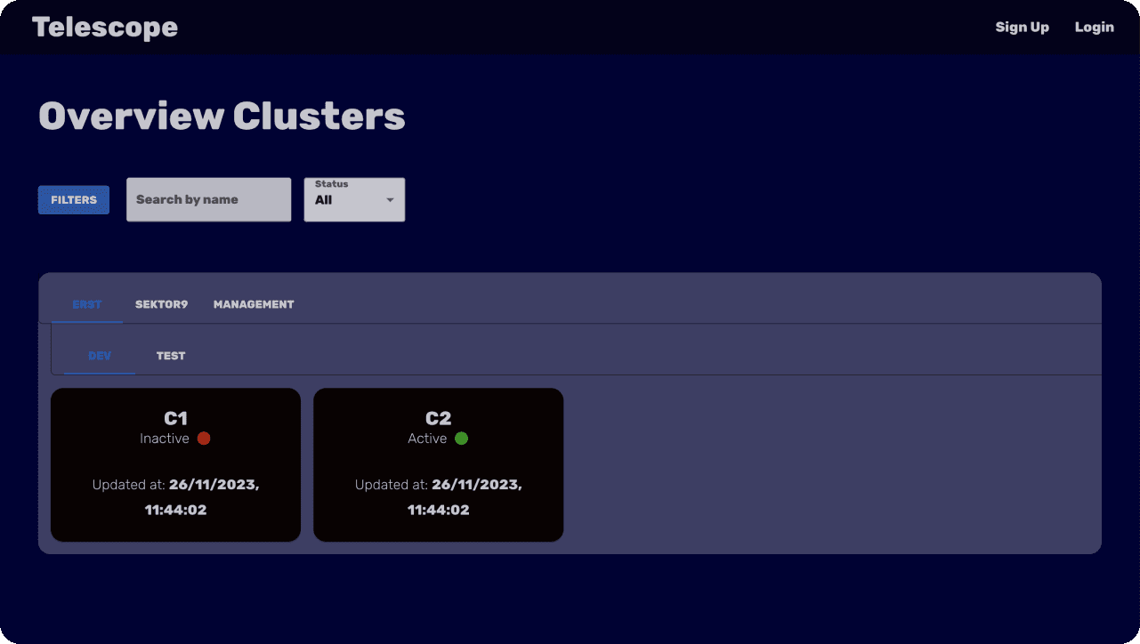 Telescope cluster overview with live filters and cluster statuses